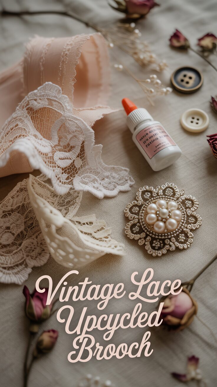 An ethereal photo features vintage lace, pearls, dried roses, and crafting tools with “Vintage Lace Upcycled Brooch” text shown.