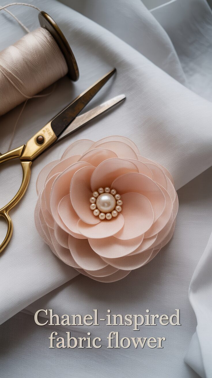 A soft blush pink fabric brooch, adorned with pearls, alongside gold scissors and thread atop a white cloth. Text included.