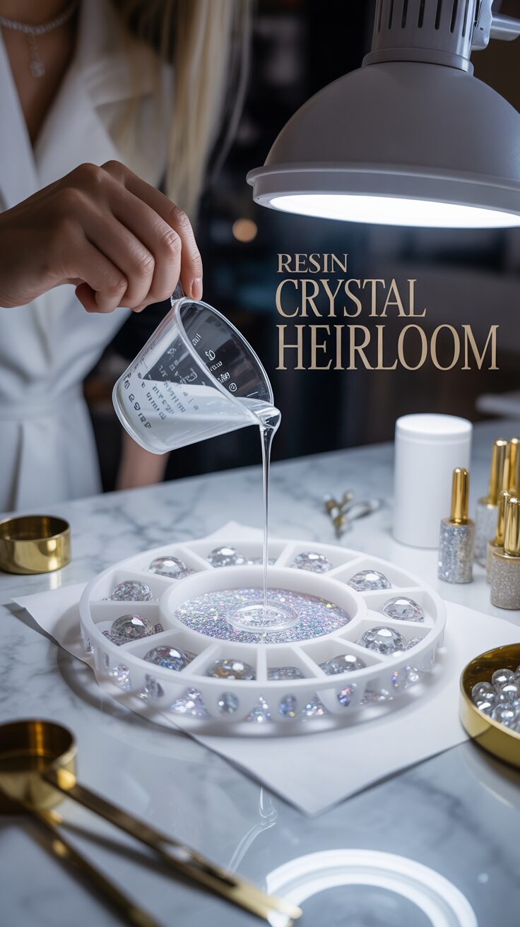 A pair of gentle hands pours clear resin into a crystal-filled round mold on a marble table scattered with gold tools and glitter.