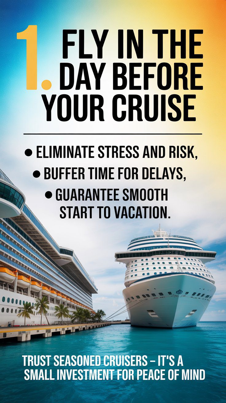 One of the smartest moves you can make when planning your cruise is to fly in a day early. Flights can be delayed, baggage can be lost, and traffic can throw you off schedule — but the cruise ship won’t wait for you. By arriving the day before, you eliminate any stress or risk of missing your ship.This extra time gives you a buffer to ensure everything runs smoothly. You can rest, avoid the panic of rushing to the port, and even enjoy a relaxing evening exploring the area near the cruise terminal. Plus, if your luggage doesn't arrive on time, you’ll still have time to handle it without missing the boat.