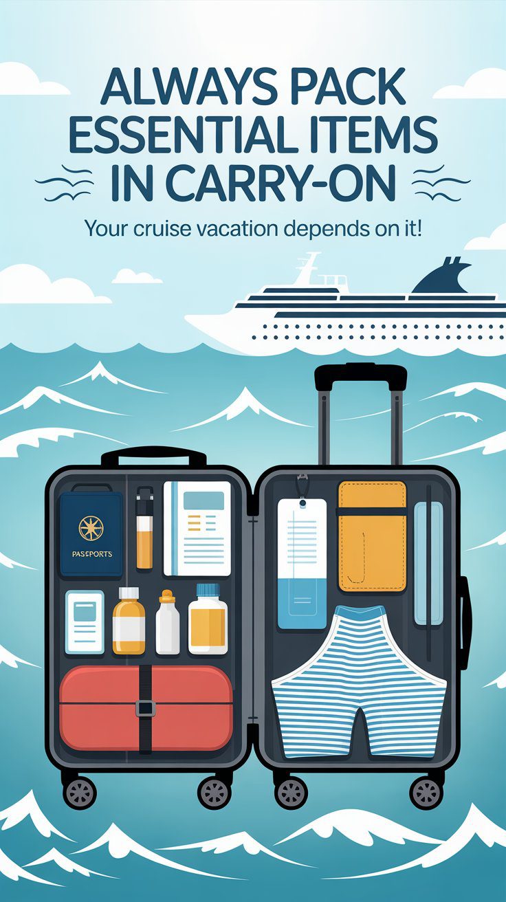 One of the most important tips for you as a cruiser is to never pack essential items in your checked luggage. It’s tempting to throw everything into your suitcase, but trust seasoned cruisers on this: missing luggage is a real problem, and it can throw off your entire trip.Make sure to keep all your crucial items — like travel documents, medications, valuables, and anything you might need immediately (like a swimsuit or a change of clothes) — in your carry-on. Even if your checked luggage gets delayed or lost, you’ll be covered and ready to enjoy your cruise without any hassle.