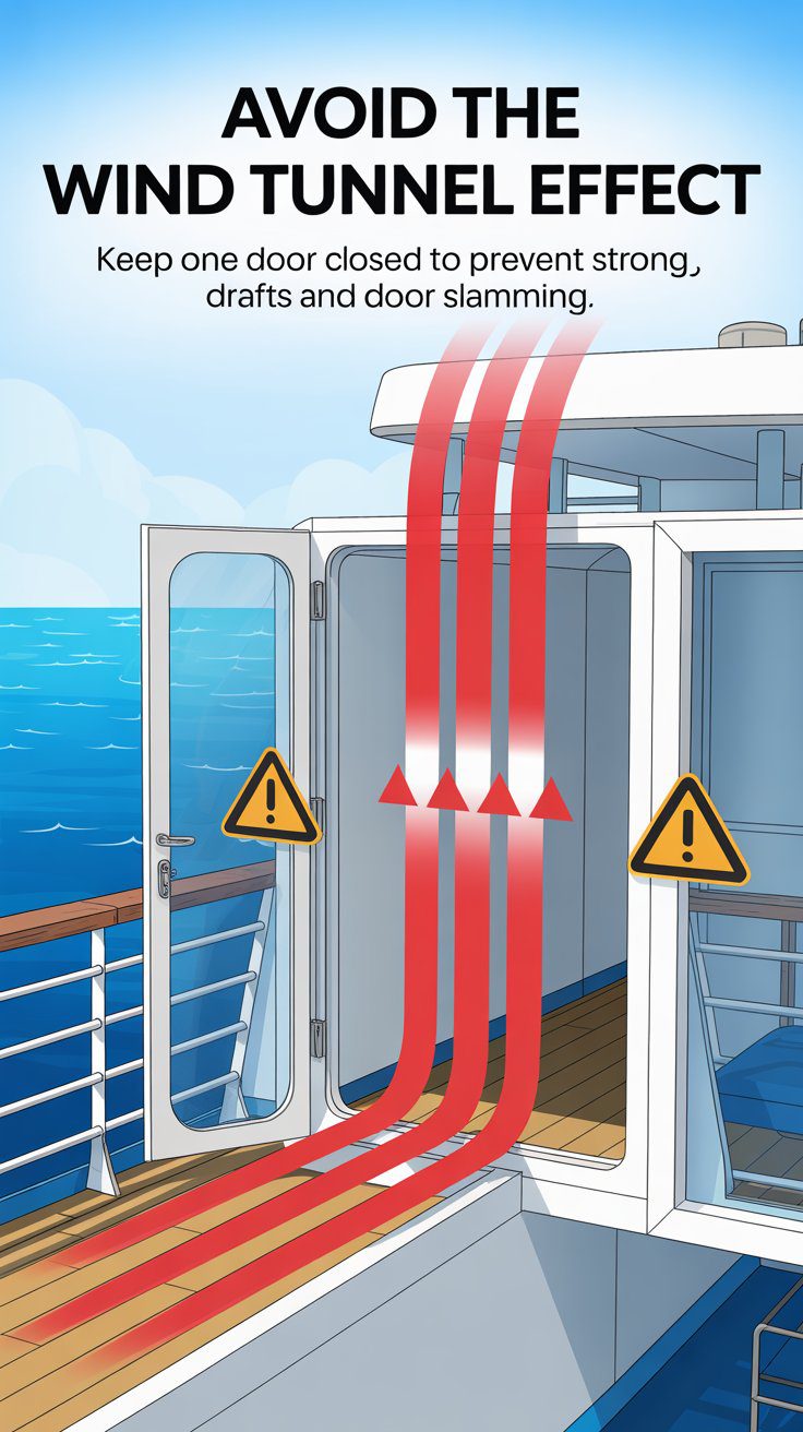 If you open both doors in your cruise room, the wind from the balcony will cause a wind tunnel effect.
