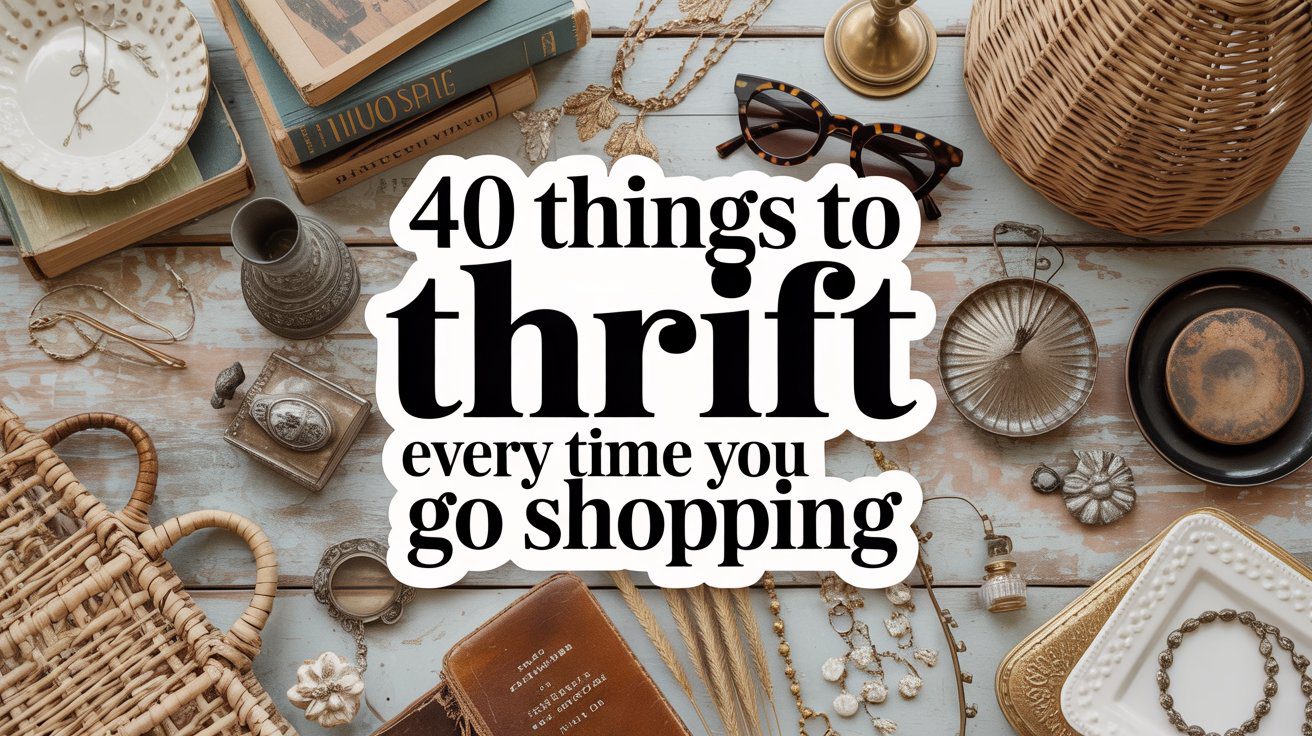 An assortment of thrift finds—baskets, jewelry, books, sunglasses, and dishes—frames the phrase: 40 things to thrift now.