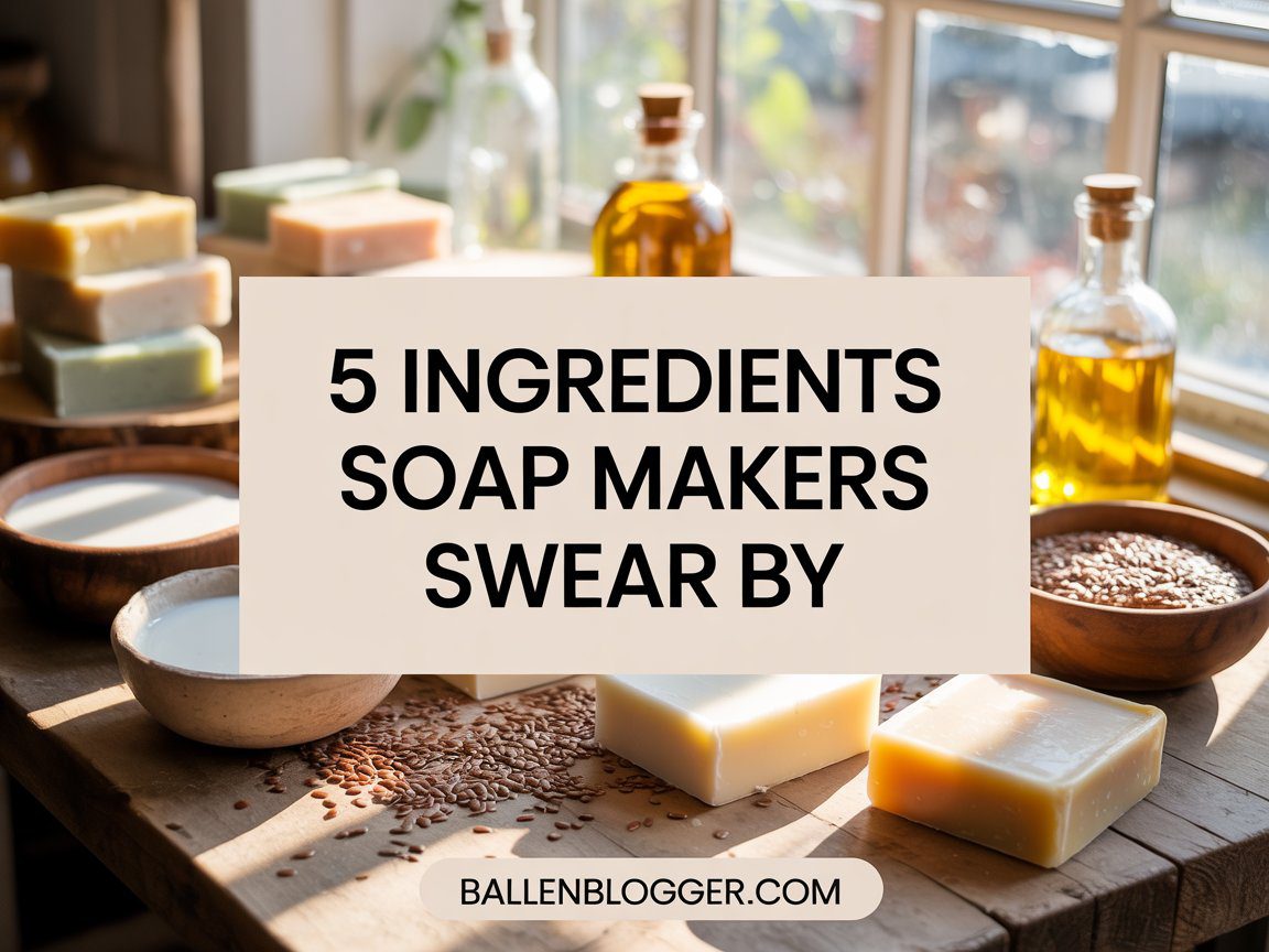 Sunlight streams onto a table with natural soaps, oils, and seeds. “5 must-have soap ingredients” text. ballenblogger.com.