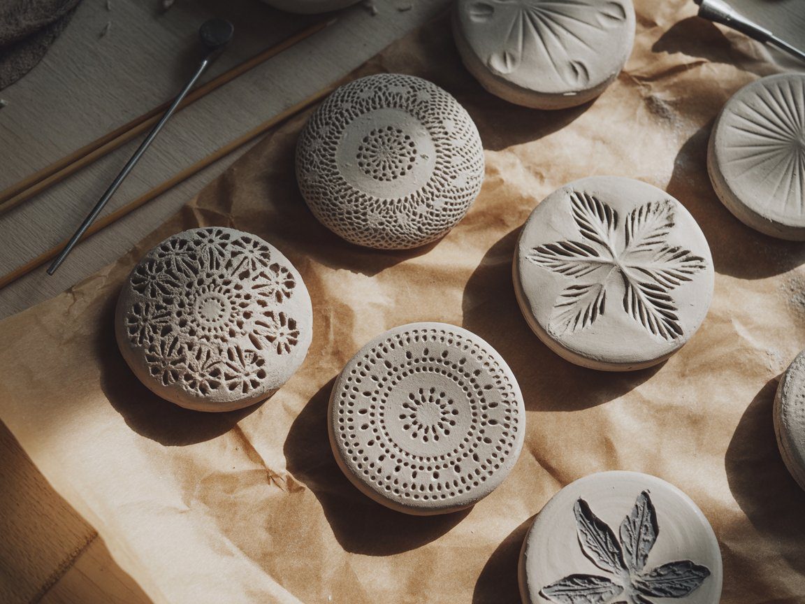 Discover a beginner-friendly clay stone set: 6 round pieces with detailed patterns, tools, and natural sunlight for easy DIY projects.