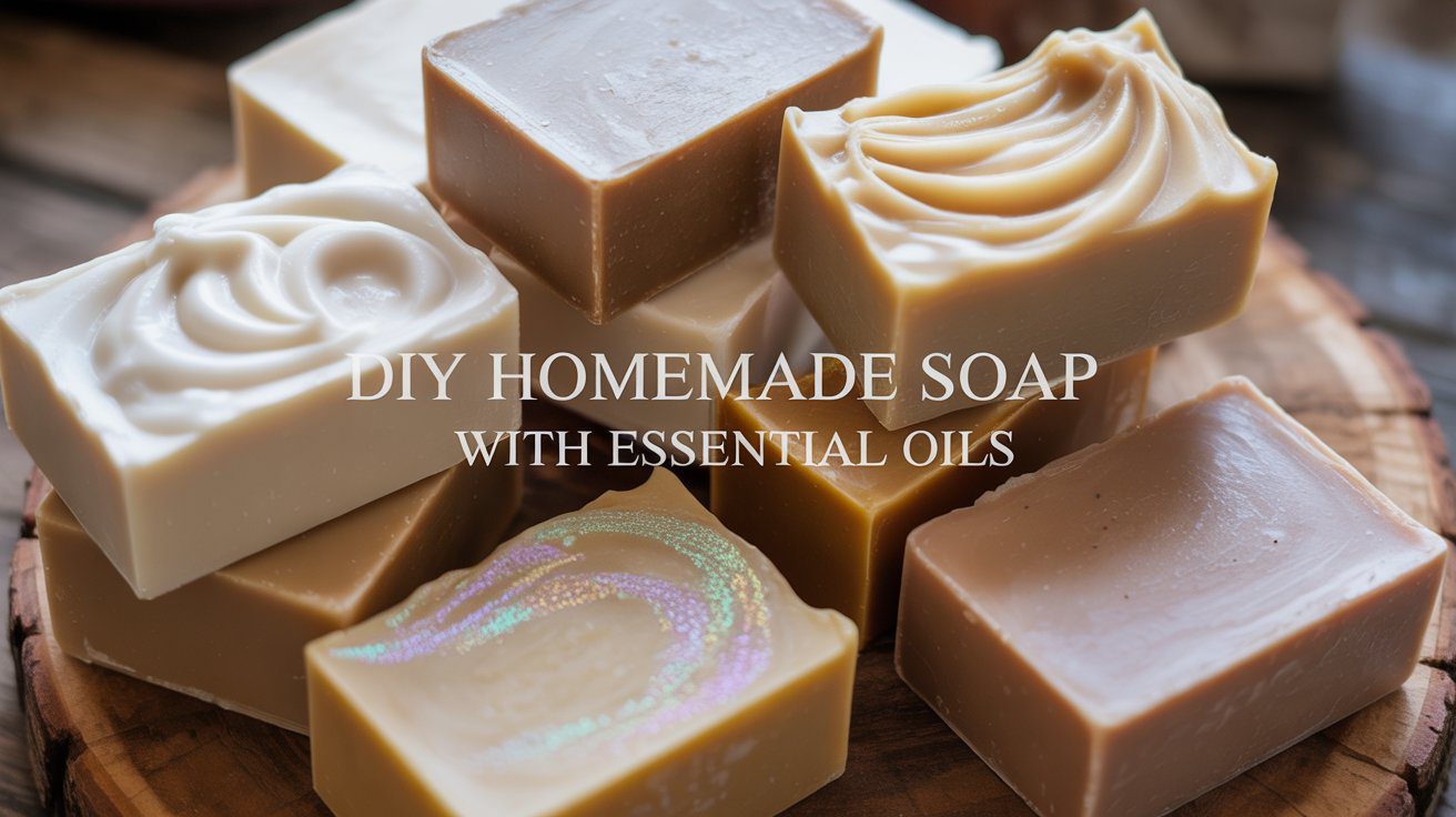 Vibrant, swirled soap bars are arranged on a wooden tray. Overlay text: “Create Your Own Soap – Essential Oils DIY Blog.”.