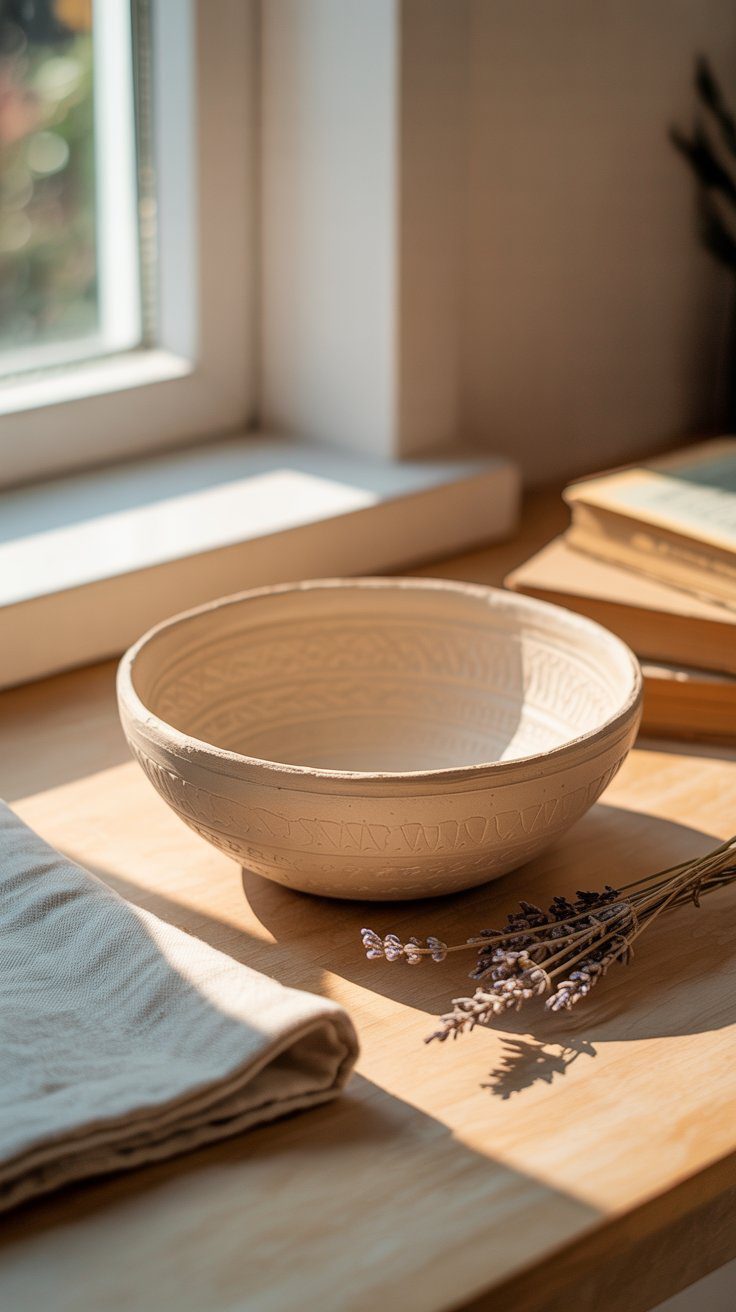This project captures the cozy charm of handmade simplicity — the kind of piece that looks right at home on a sunny windowsill. The air-dry stamped clay bowl features a gently curved shape with soft, rounded edges and a subtle geometric pattern pressed into the surface. Its texture feels timeless, like something passed down or discovered in a local artisan market.