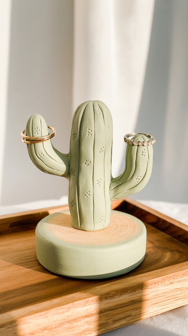 This one is equal parts adorable and practical — a little piece of desert charm that doubles as jewelry storage. The soft, rounded shape of the air-dry clay cactus ring holder makes it perfect for holding rings, while its minimal, sculptural design gives it that boutique look. It’s fun to make, simple to paint, and adds an instant touch of warmth to any dresser or vanity.