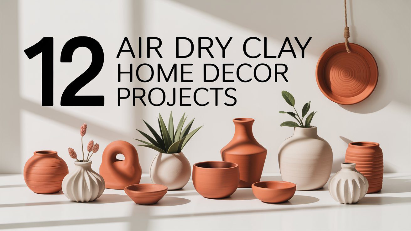White and terracotta air dry clay vases, bowls, and decorations sit on a white surface. Bold text reads: “12 Air Dry Clay Projects for Stunning Home Decor.”.