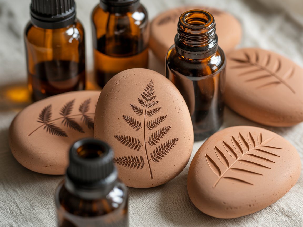 Pressed fern and leaf aroma stones rest with amber glass bottles on soft fabric, offering a calming, beginner-friendly display.