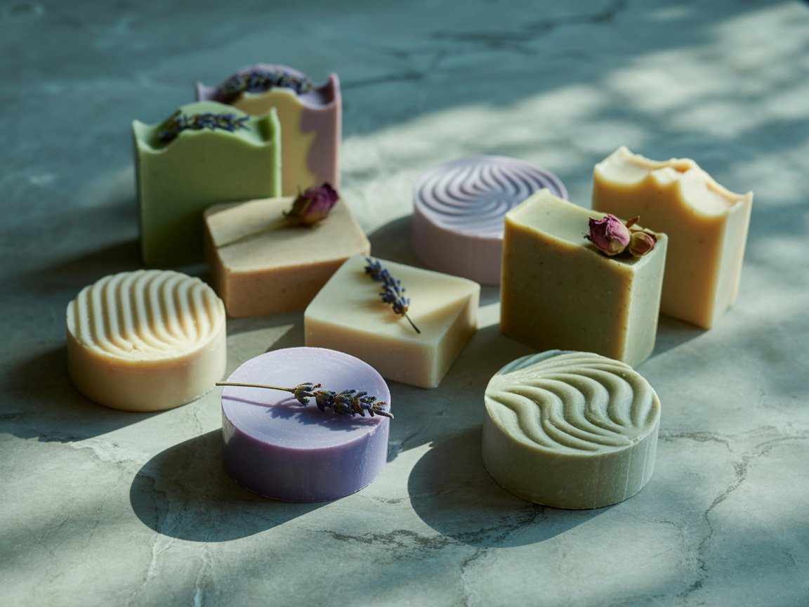Handcrafted soaps in vivid hues rest on marble, adorned with dried flowers as soft sunlight casts delicate shadows around them.