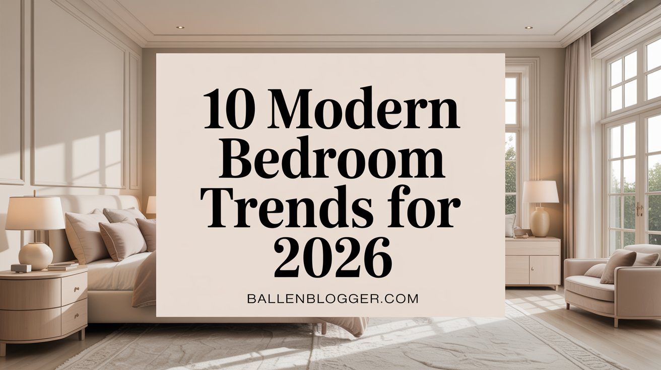 Contemporary bedroom with soft hues, simple decor, and expansive windows. Text: Top 10 Bedroom Trends 2026 at ballenblogger.com.
