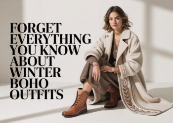 Seated against a white backdrop, a woman in a beige embroidered coat and brown boots promotes fresh winter boho style ideas.