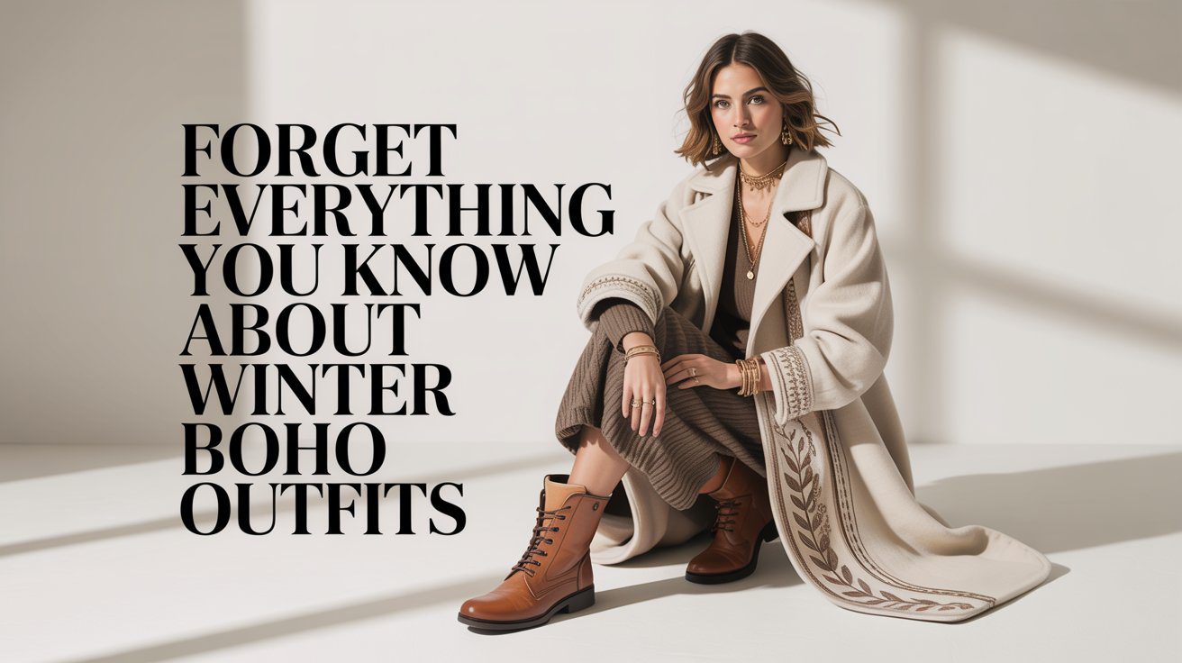 Seated against a white backdrop, a woman in a beige embroidered coat and brown boots promotes fresh winter boho style ideas.