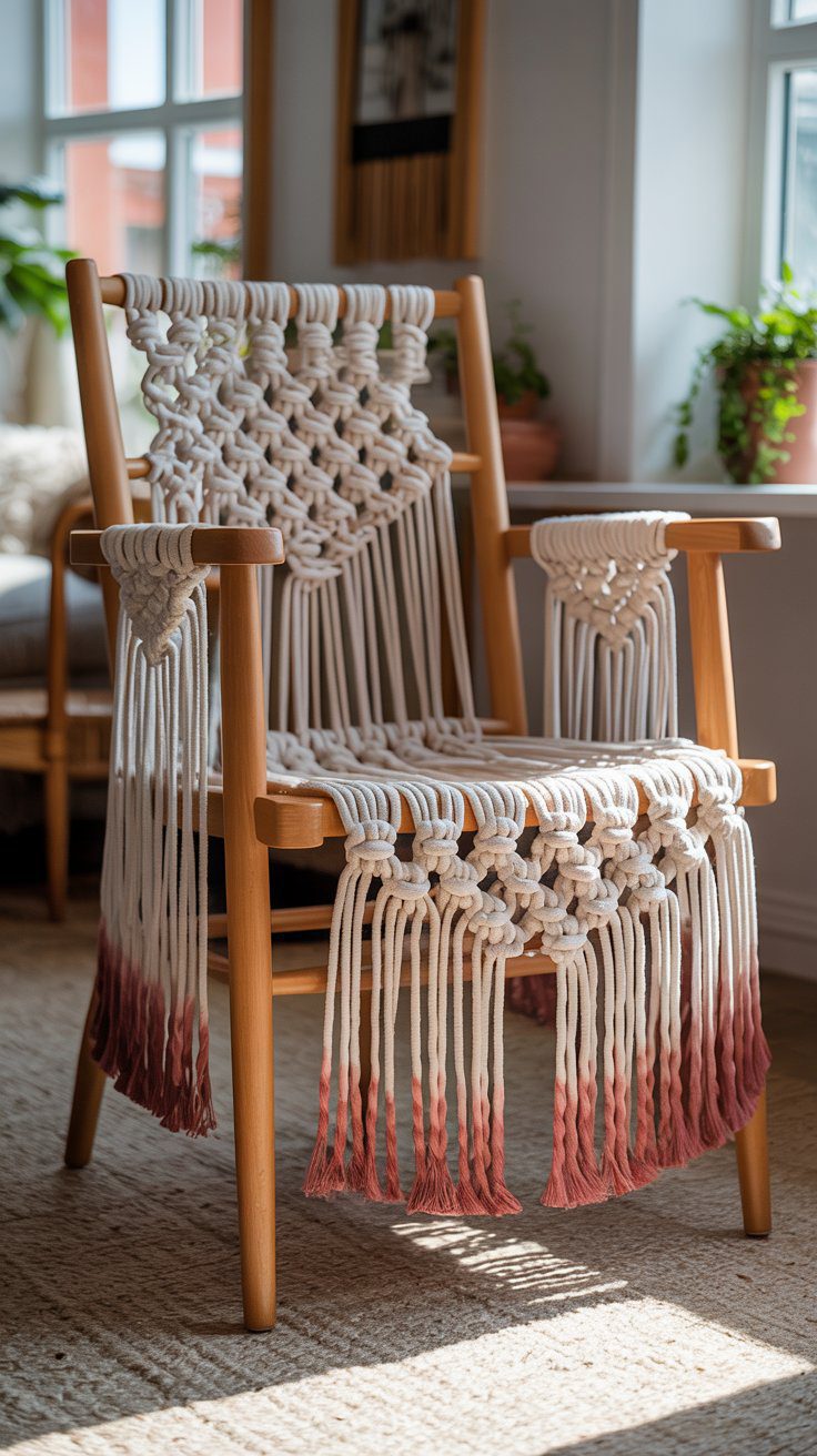 Enhance your home with a boho chair—wooden frame, macramé seat in white fading to pink, perfect for plant-filled sunny rooms.