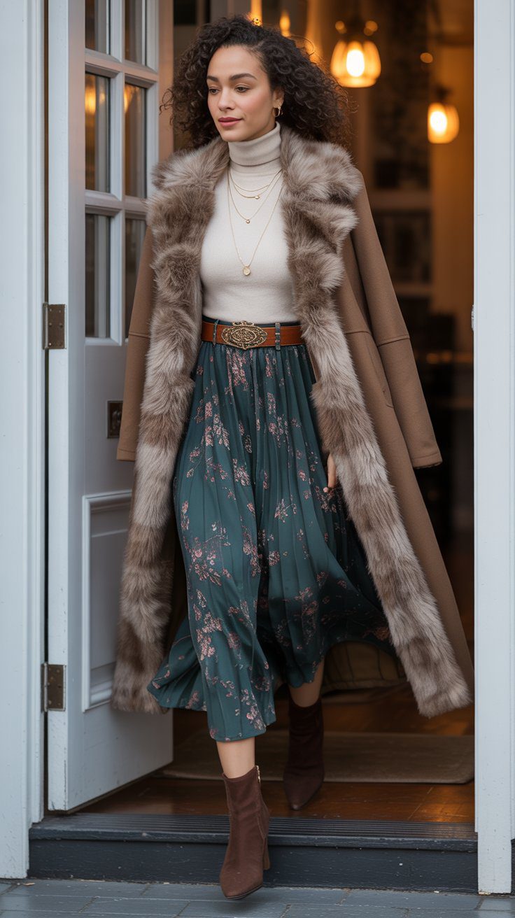 For outerwear, instead of a bulky coat, we’re opting for a long, elegant shearling or faux-fur trimmed coat, which adds drama and incredible warmth. For shoes, a pair of suede ankle boots are perfect. The finishing touches are a few layered, delicate gold necklaces. This look is romantic, warm, and sophisticated, proving you never have to give up on dresses in the cold.