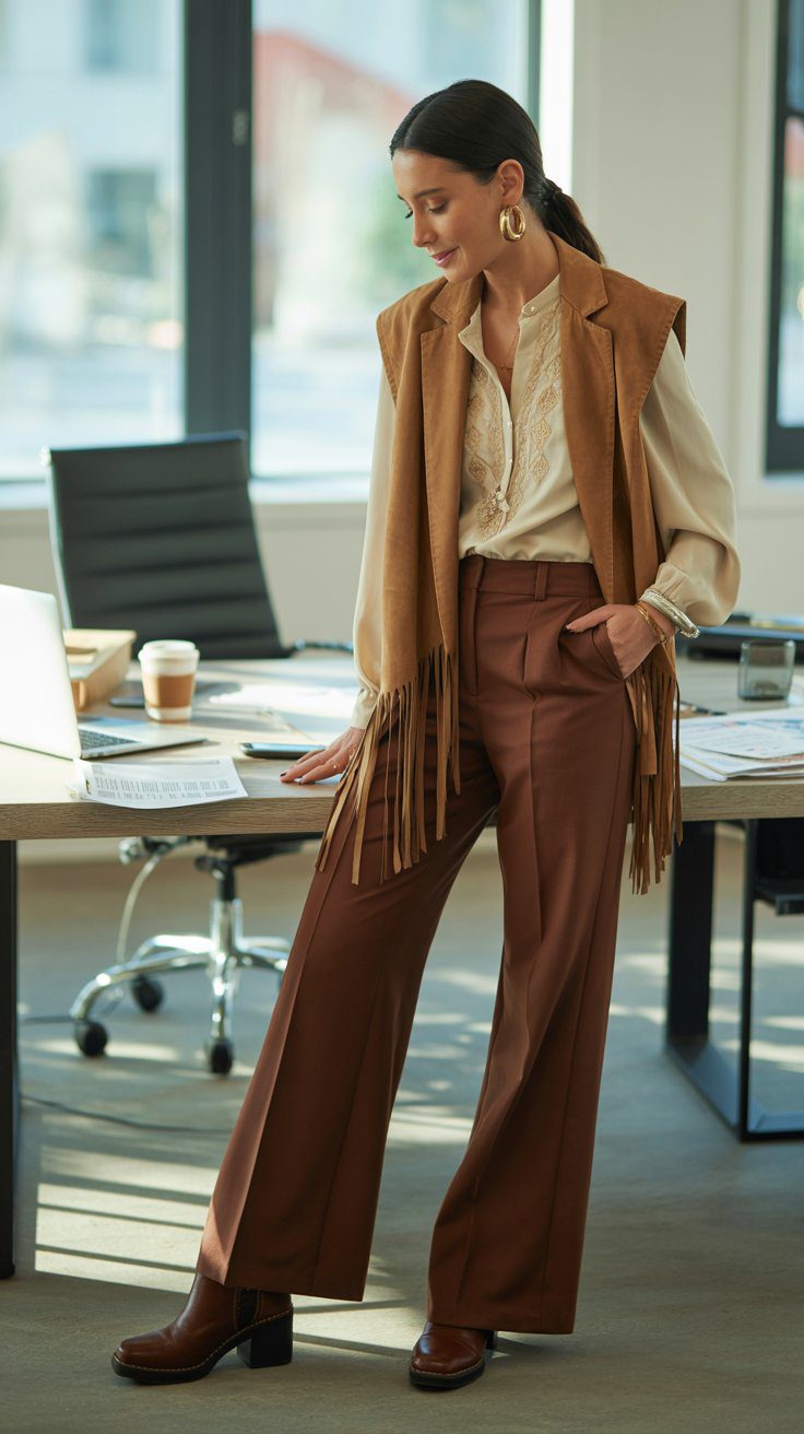 The magic here is the third piece: a fringed suede vest or a lightweight kimono-style jacket worn over the blouse. This adds that unmistakable boho DNA without feeling unprofessional.  