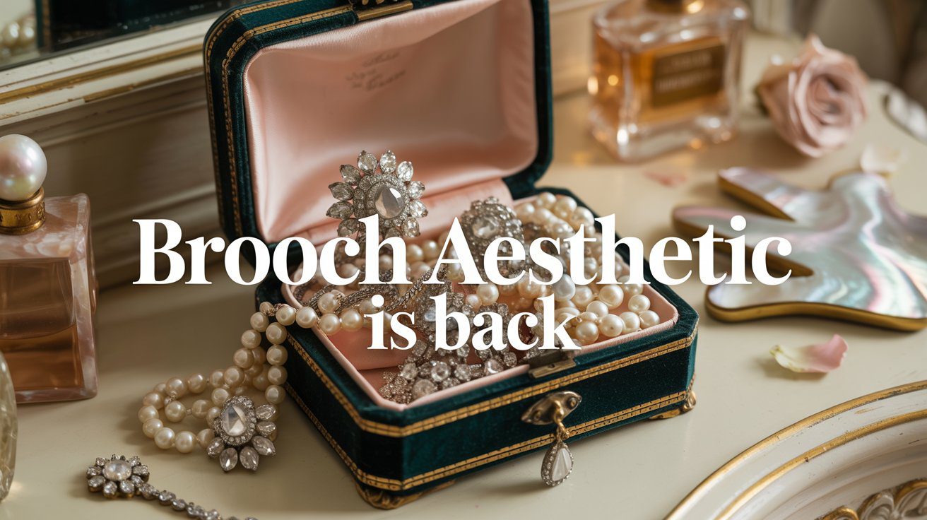Pearl strands and chic brooches fill a velvet jewelry box on a vanity. Text overlay: "Brooch Blog—brooch style returns.