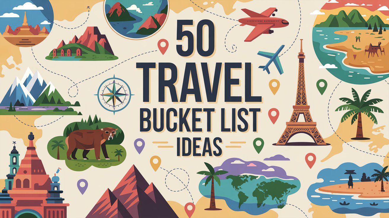 Colorful artwork displays a world map dotted with landmarks, wildlife, and planes, spotlighting dream destinations for travelers.