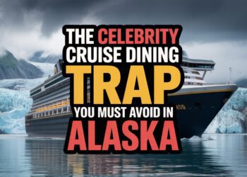 A cruise ship passes close to an Alaskan glacier, with overlay text: Don’t get fooled by celebrity restaurants in Alaska.