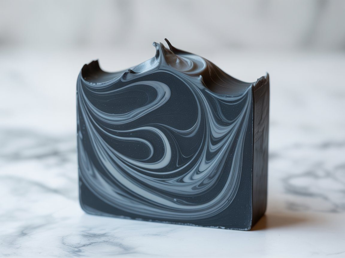 A wavy-topped charcoal soap bar with gray and white swirls rests on marble—showcasing artisan craftsmanship and technique.