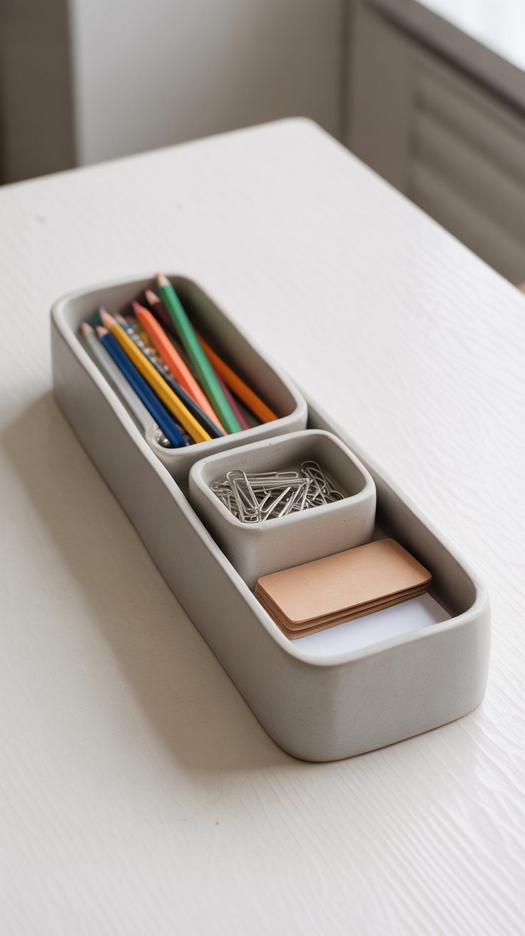 This minimalist air-dry clay desk organizer combines clean lines and functionality in the most satisfying way. Each compartment is hand-shaped and perfectly fitted — one for pencils, one for clips, and one for notes or cards. The soft matte finish and gentle curves make it feel like something straight from a design studio, yet it’s completely handmade.The beauty of this piece is in its simplicity — no paint, no embellishments, just smooth, natural clay that hardens into a sleek, sculptural form. It’s the kind of project that not only declutters your desk but elevates it, turning everyday essentials into part of your décor.