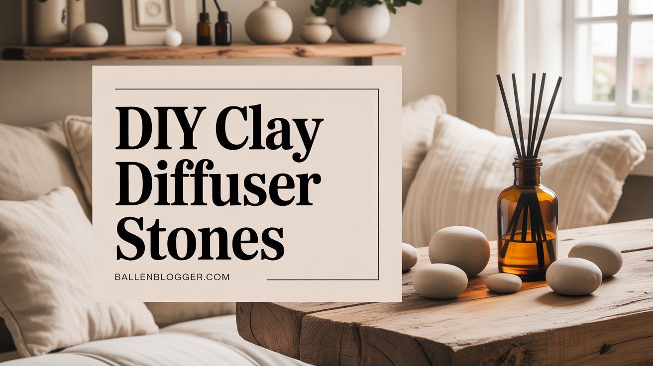 A warm, minimalist space with a wood table features a brown diffuser, clay stones, and "DIY Clay Diffuser Stones" sign—ideal for beginners.