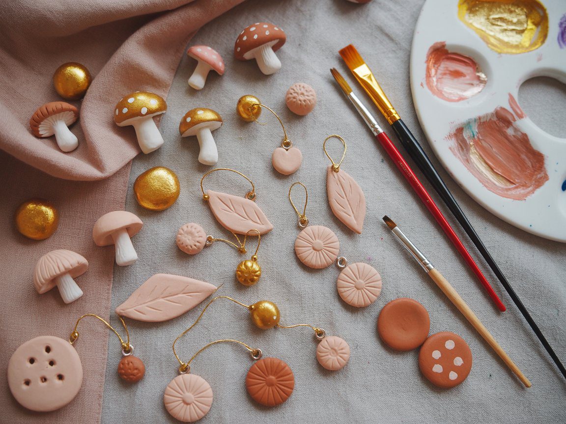 Handcrafted clay jewelry in mushroom, leaf, and circle designs—some with gold paint—sit on fabric by a colorful paint palette.