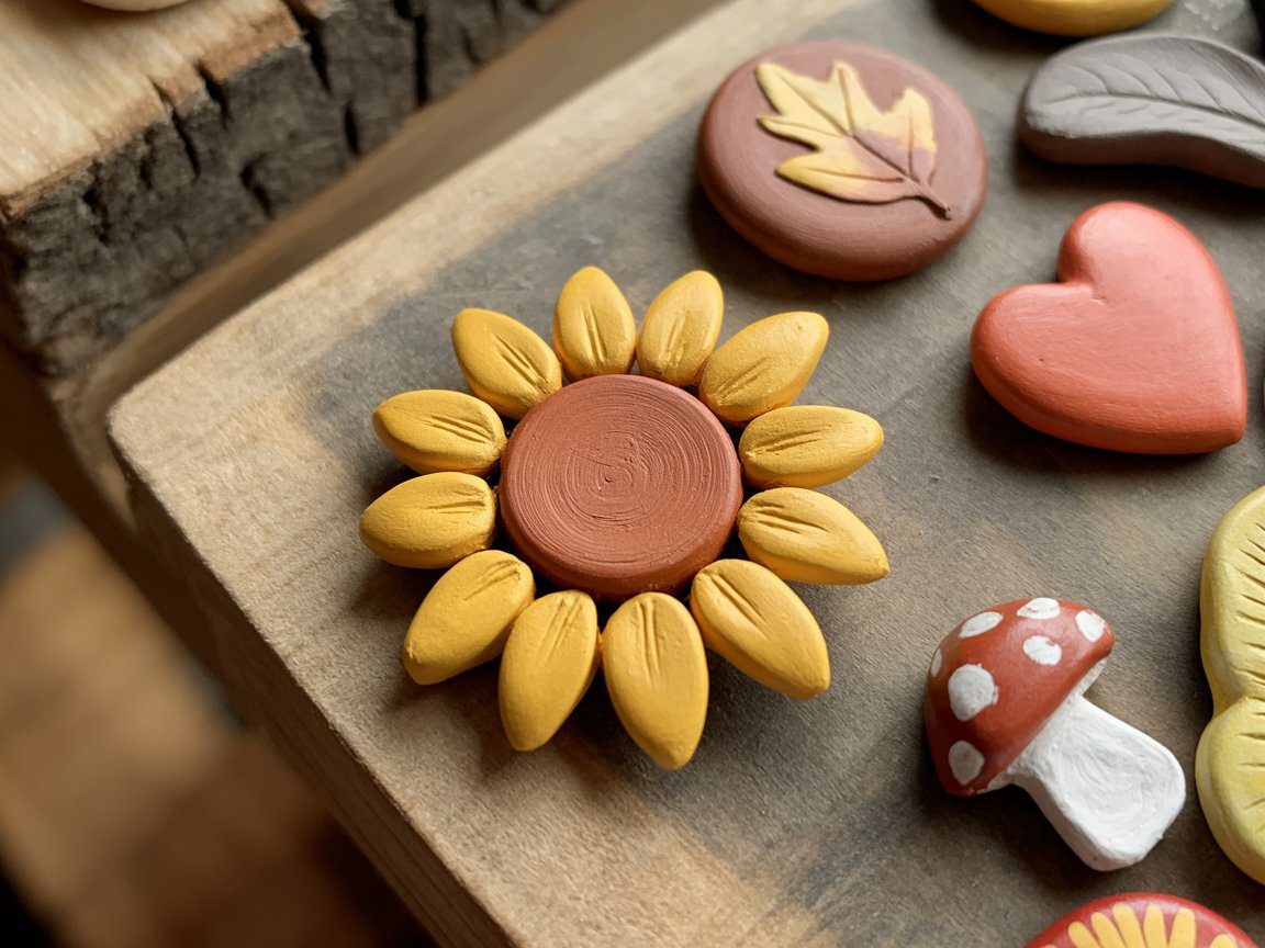 Handmade clay sunflower magnet with yellow petals and a brown center sits on wood next to vibrant leaf, heart, and mushroom magnets.