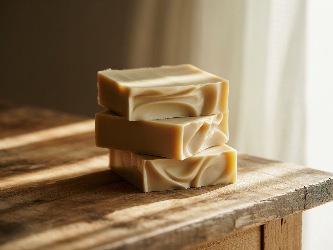 Soap bars with elegant, swirled tops are stacked on weathered wood in gentle light, near a sheer curtain.