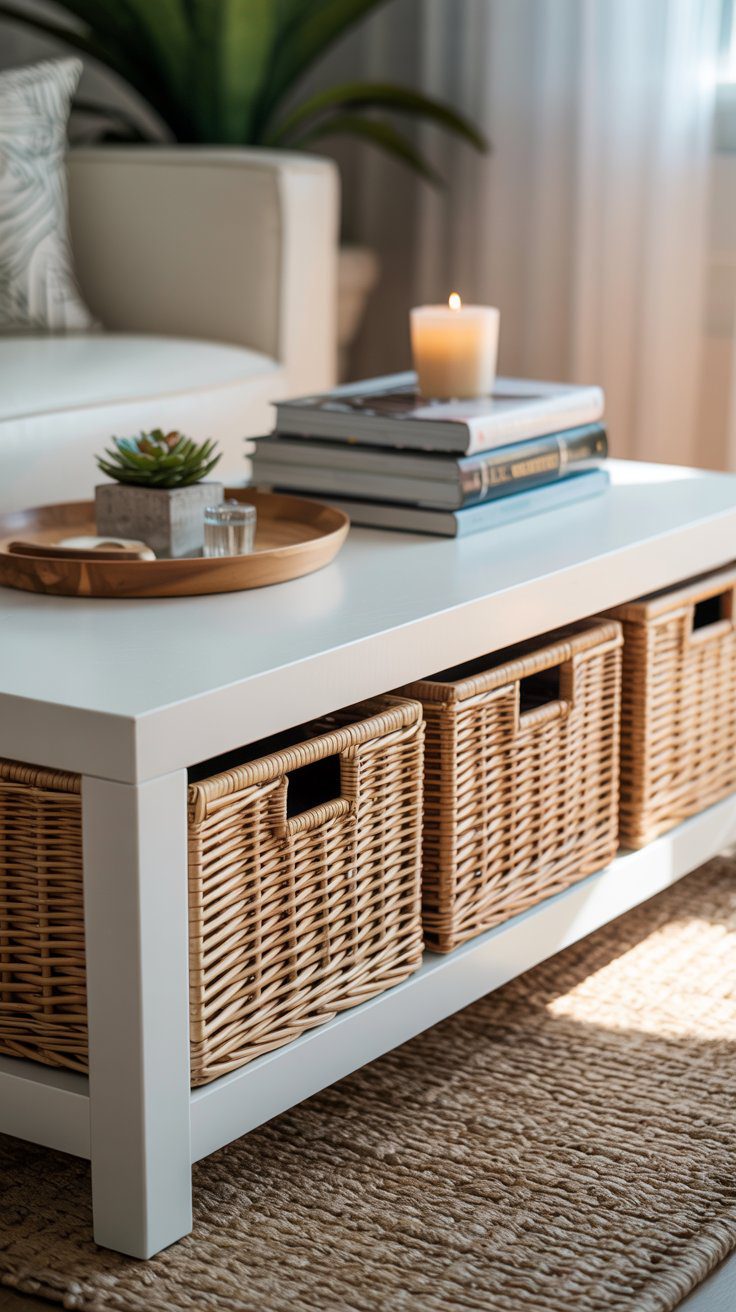Sunlight fills a cozy living room where a white coffee table with wicker baskets displays books, a candle, plant, and tray of glasses.