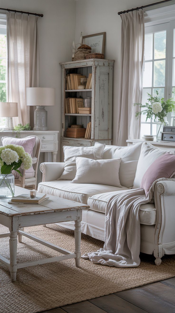 Every cozy, inviting space starts with a calm foundation. Think of your color palette as the quiet backdrop that lets every vintage piece shine. Creamy whites, soft grays, and muted pastels create that airy, relaxed feeling shabby chic farmhouse homes are known for.These tones don’t compete for attention—they let texture and light do the work. A pale wall color makes distressed wood furniture pop, while white linens or gauzy curtains reflect natural light beautifully. You can always layer in color later through flowers, throw pillows, or art, but keeping your base neutral gives your space that timeless, lived-in serenity.The goal is simple: let the room breathe. A neutral foundation doesn’t just make your home look cohesive—it makes it feel peaceful, grounded, and effortlessly warm.