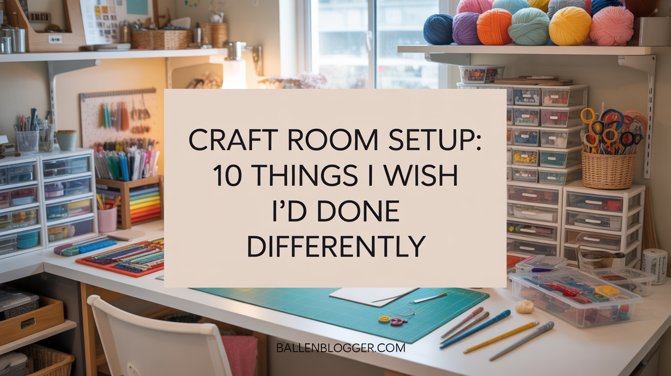 Organized craft room featuring yarn, colored pencils, and drawers; overlay: “10 changes I’d make—find more tips on ballenblogger.com.”.