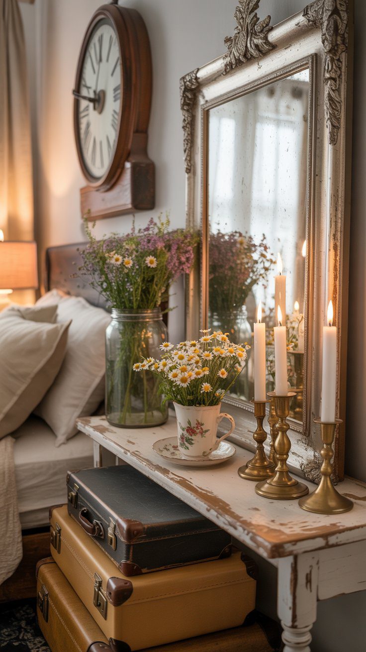 This is where your personality takes center stage. Vintage accents are the heartbeat of shabby chic farmhouse style—they’re what make your home feel like it has a past, even if it’s newly decorated. Look for pieces that tell a story: an antique mirror with a tarnished frame, a weathered clock, or mason jars that once held homemade preserves.Don’t overthink perfection or placement. Let these treasures find their natural spots—a stack of old suitcases at the foot of the bed, a chipped teacup holding wildflowers, or a cluster of candlesticks on a rustic shelf. The charm comes from the mix itself, not the match.