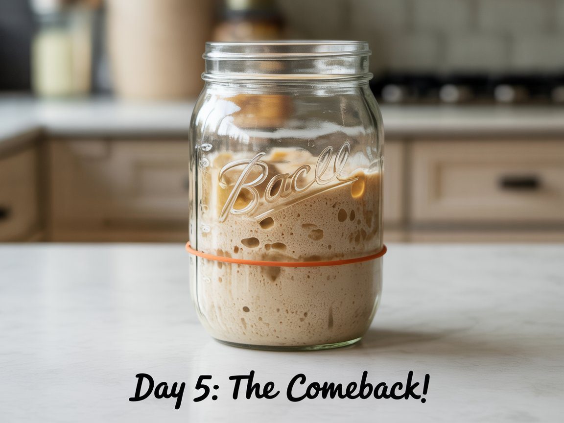 A glass Ball jar of active sourdough starter rests on the counter, orange band sealing it. Label: day 5 the comeback.