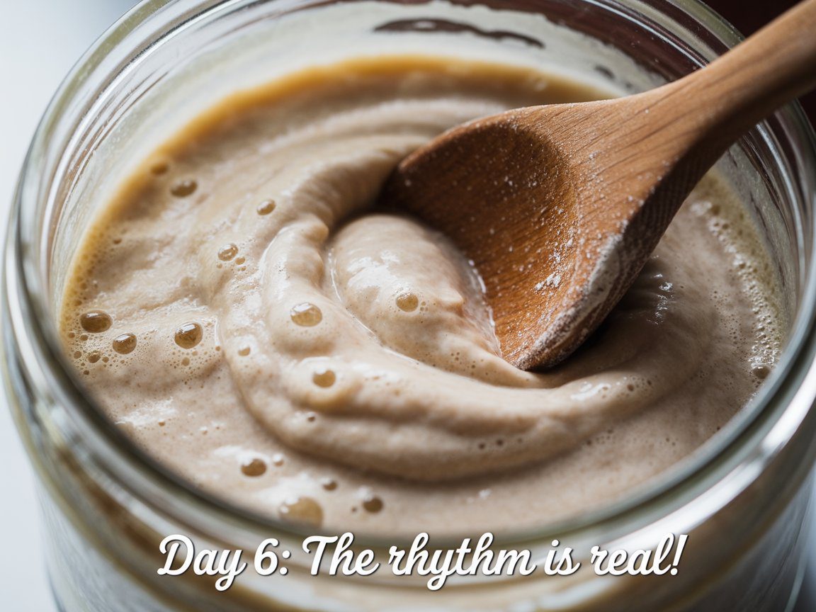 A bubbling Day 6 sourdough starter being stirred with a wooden spoon, captioned: Flour and water create magic in just a week!.
