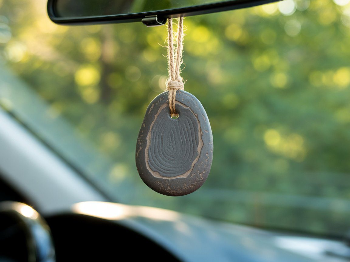 A sleek, oval clay diffuser stone with gentle rings hangs from your rearview mirror—perfect for beginners and car decor.