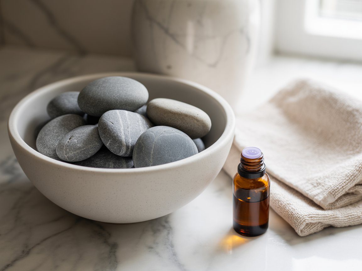 Smooth gray diffuser stones in a bowl rest on marble by a brown oil bottle and folded towels, setting a calming DIY spa scene.