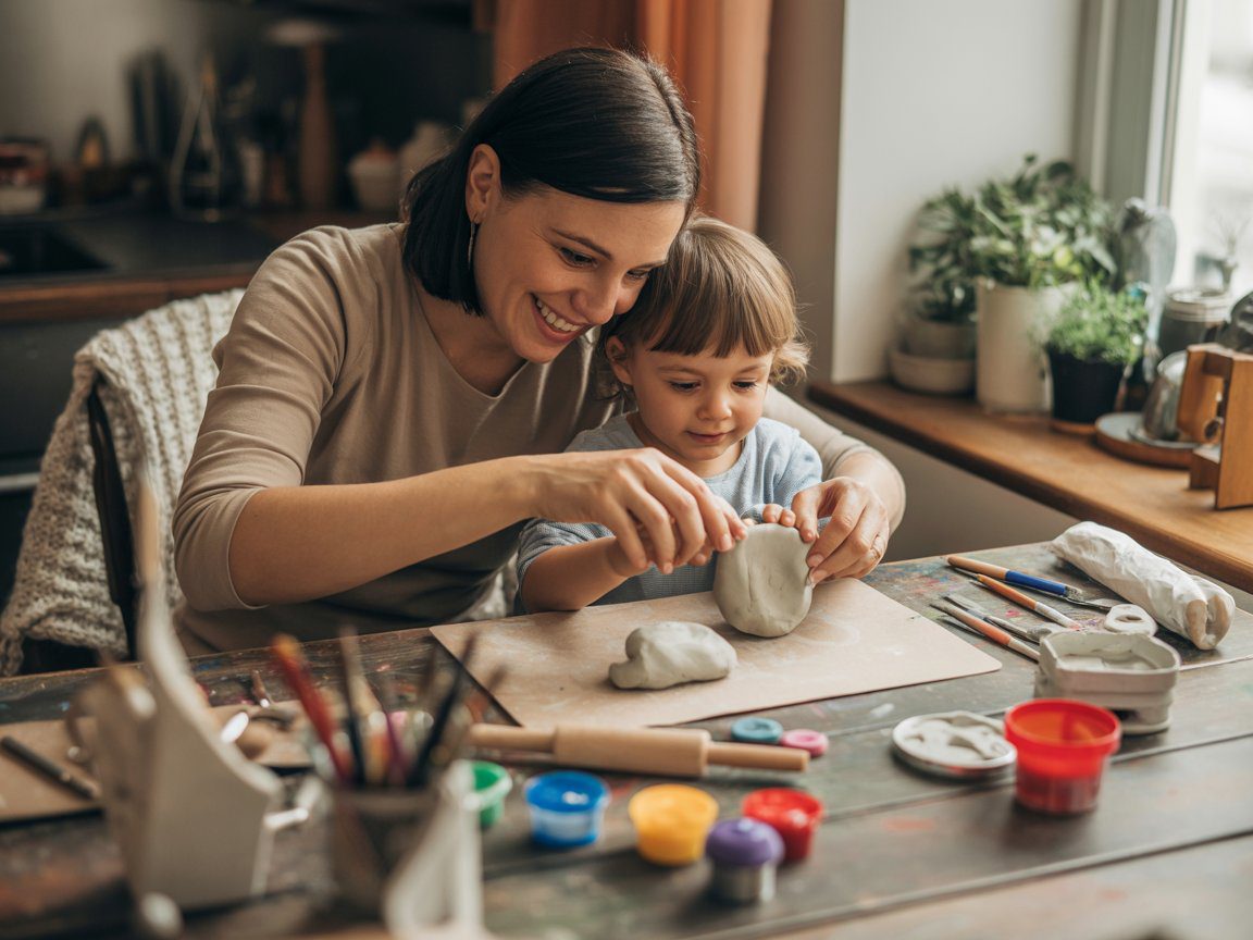 A woman and child sculpt with dry clay at a sunlit table, art supplies scattered nearby, potted plants brightening the window.