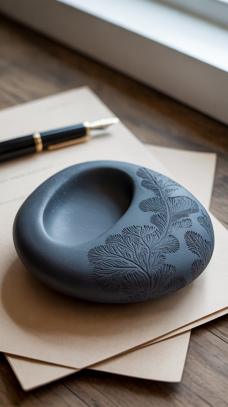 A black, oval paperweight with embossed leaf designs in air dry clay sits on tan papers by a window, near a sleek fountain pen.