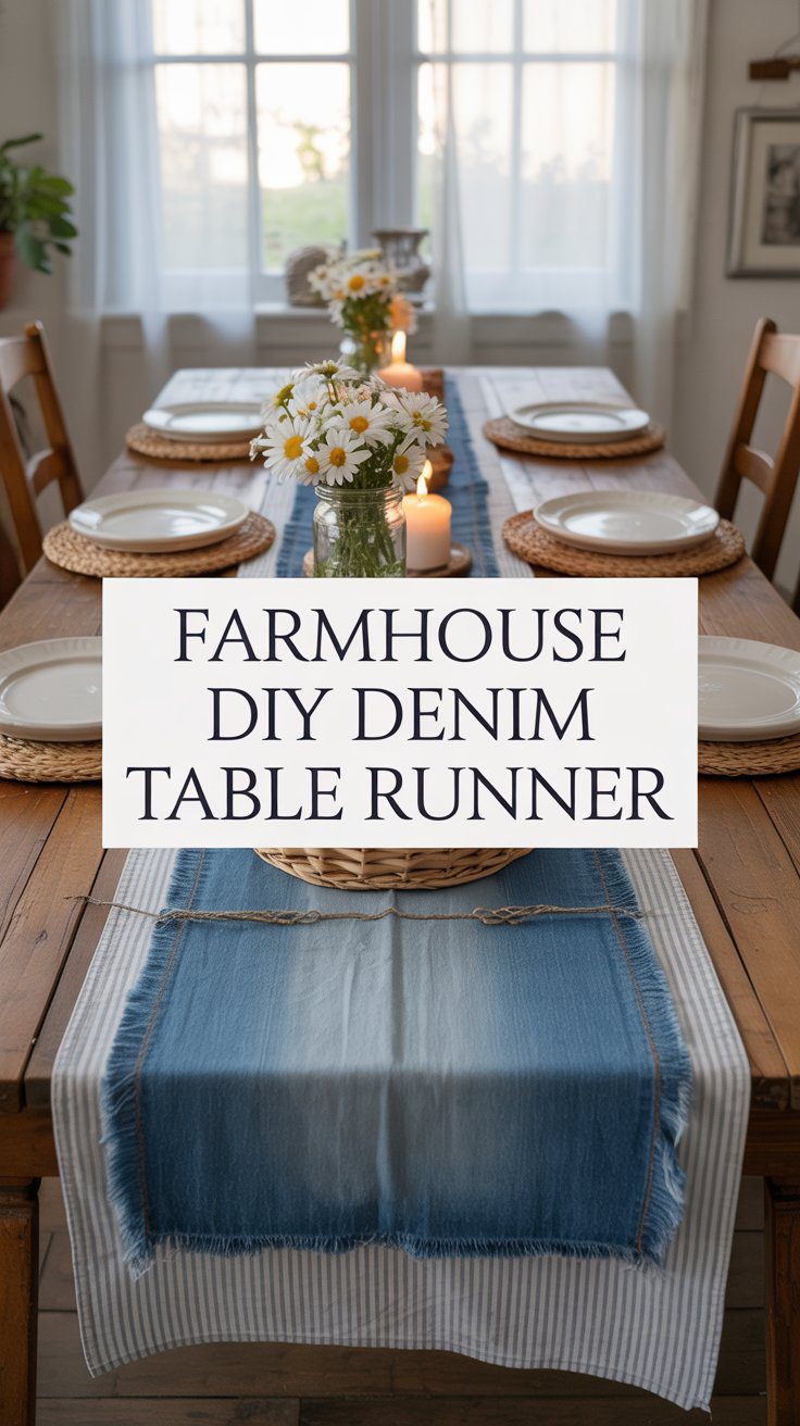 Bring cozy farmhouse charm to your table with this DIY denim table runner! Made with recycled denim and soft ticking stripe backing, it’s the perfect rustic sewing project for beginners. Learn how to create frayed edges for that laid-back, lived-in look and decorate your dining room with simple farmhouse style.  