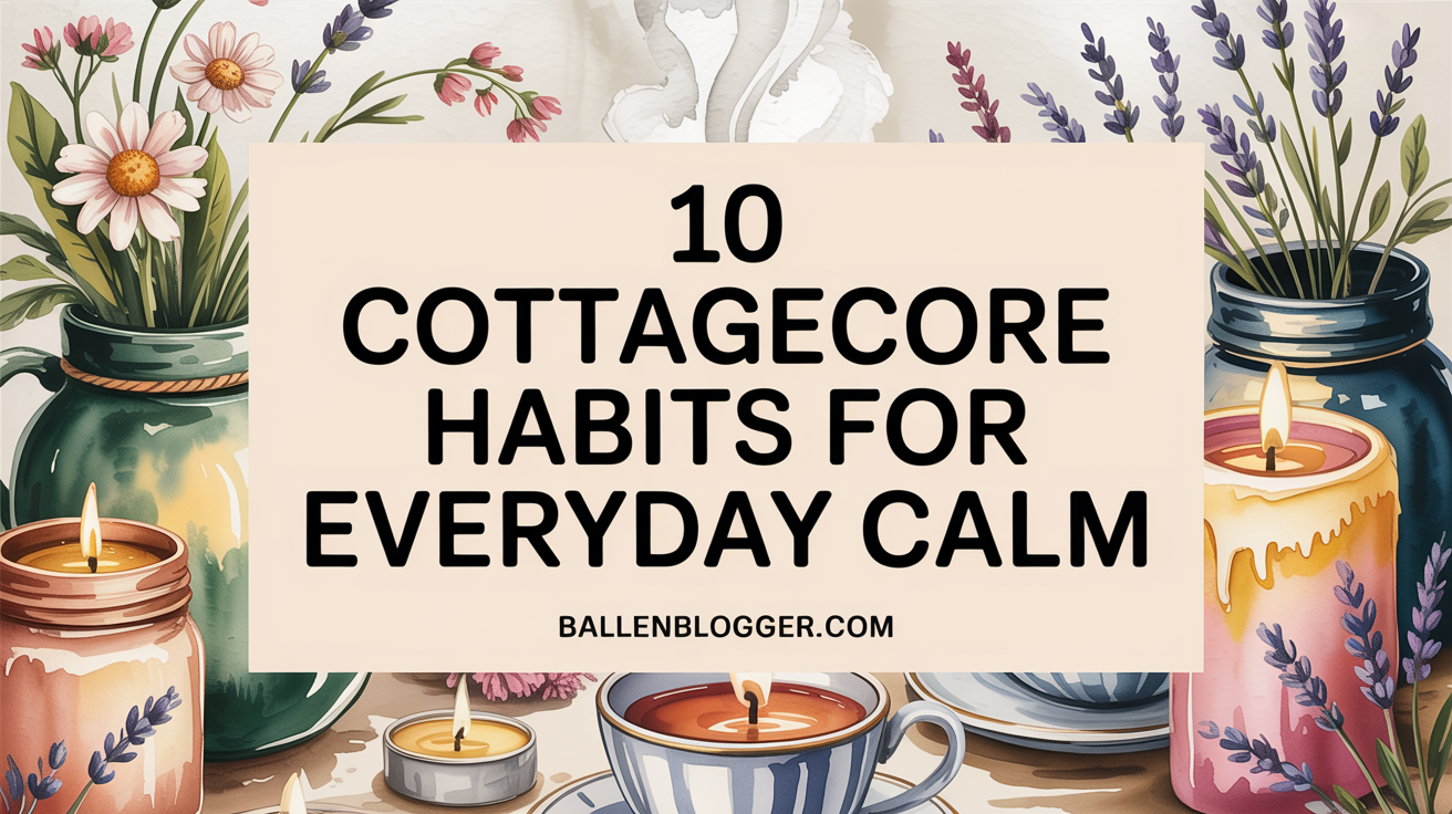 A pastel sign reads “10 Cottagecore Habits for Everyday Calm” surrounded by cozy florals, candles, tea, and greenery; ballenblogger.com below.
