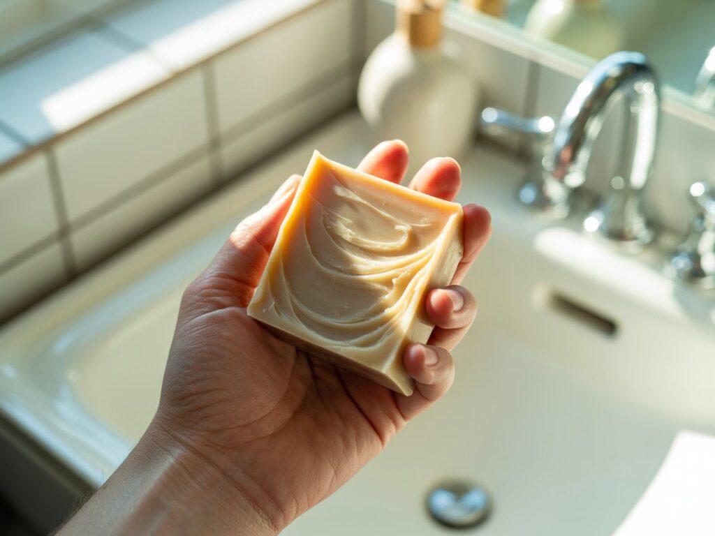 Hand holding a soap bar crafted from recycled fry grease over a sunlit white sink with silver faucet in a bright bathroom.