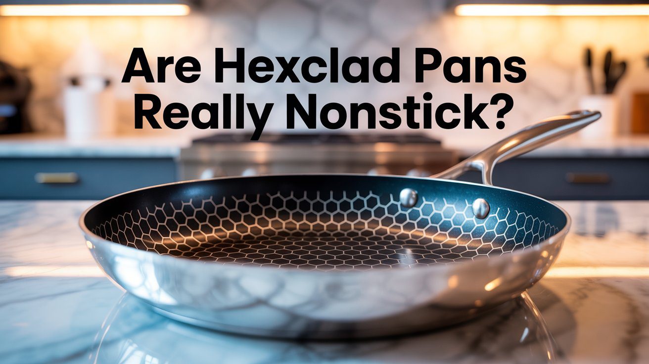 A HexClad pan with its signature hex pattern sits on marble in a sleek kitchen. Text asks if it’s truly nonstick or eggs will stick.