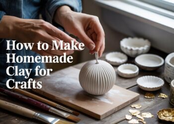 A person molds a textured ornament from DIY clay on a table with craft tools and gold leaf. Text: How to Make Homemade Clay for Crafts.