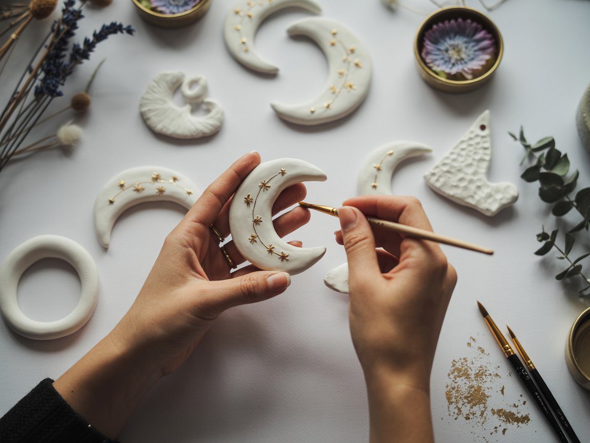 A person embellishes a white crescent moon clay ornament with gold stars, surrounded by handmade crafts, flowers, and brushes.