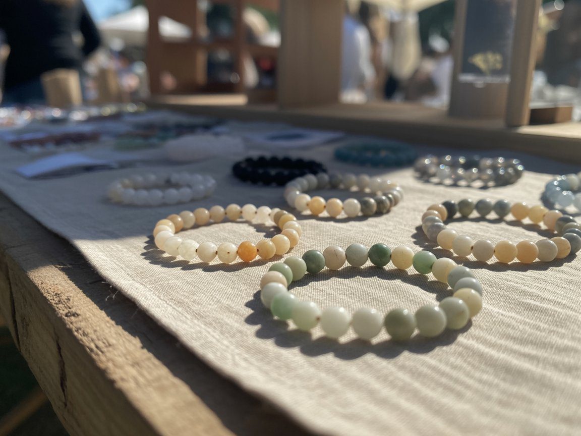 Minimalist beaded bracelets rest on beige fabric at an outdoor market, sunlight and soft silhouettes of shoppers in the distance.