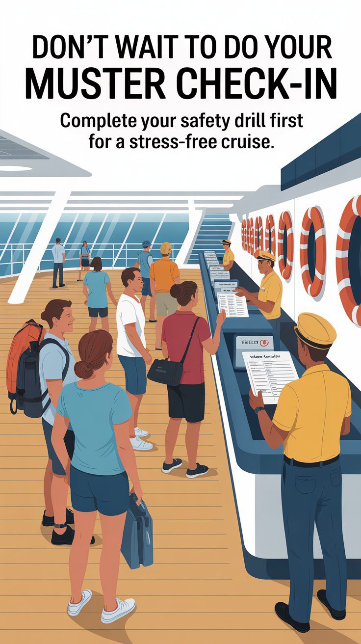 As soon as you board the ship, head straight to the muster station for your safety drill. Cruise lines require this drill, but it’s also one of the first things seasoned cruisers recommend doing right away. The reason? If you wait too long to check in, you risk the embarrassment of having your name called over the loudspeaker. Worse, if you try to grab a drink at the bar before completing it, your cruise card might be flagged, and you won’t be able to purchase anything until you finish your muster check-in. By knocking this out early, you can enjoy the rest of your embarkation day stress-free, knowing you’ve taken care of the necessary safety steps. It’s a simple, quick task that helps you avoid unnecessary hassle.