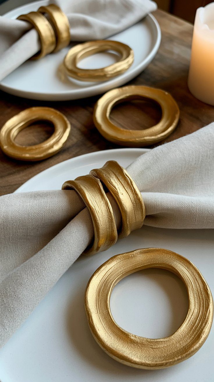 There’s something timeless about a gold accent on the table — especially when it’s handmade. These golden air-dry clay napkin rings strike the perfect balance between modern minimalism and understated luxury. Each ring is slightly unique, with soft organic edges and visible brush strokes that reveal its handcrafted origin.They look like solid brass but are light as air, made from simple clay and a touch of paint. Whether you’re setting the table for a dinner party or adding a warm, elegant detail to everyday dining, these rings bring a boutique feel that’s both glamorous and personal — proof that a little creativity goes a long way.
