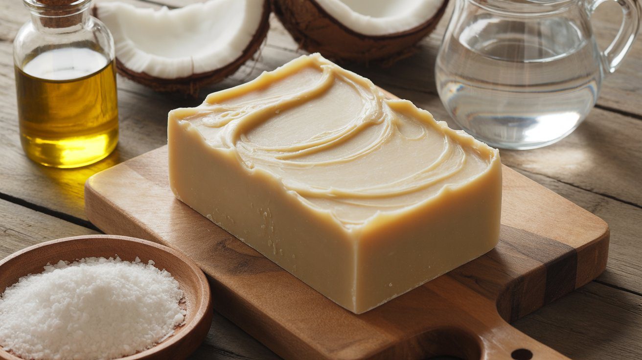 A flawless soap bar sits atop a wooden board, flanked by oil in glass, coarse salt, pantry staples, and split coconuts on rustic wood.